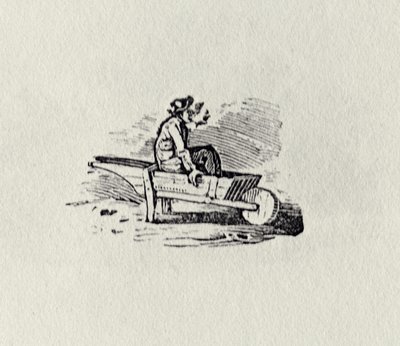 Een man in een kruiwagen uit 