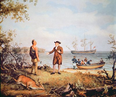 William Penn arriveert voor het eerst in Amerika en ontmoet een Indiaan in 1682 door Thomas Birch