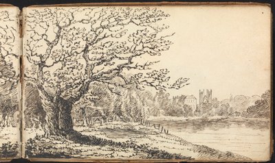 Album van Landschap- en Figurenstudies: Bomen Langs een Rivier met Gebouwen in de Verte door Thomas Bradshaw