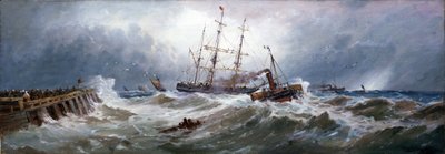 Een Franse sleepboot trekt een boot in de haven van Boulogne (Frankrijk), op moeilijke zeeën door Thomas Bush Hardy