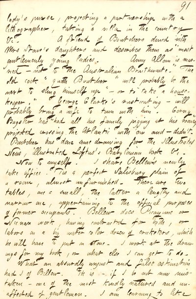 Beschrijft het kantoor dat hij deelt met Frank Bellew, en een brief van William Boutcher. Transcriptie door Thomas Butler Gunn
