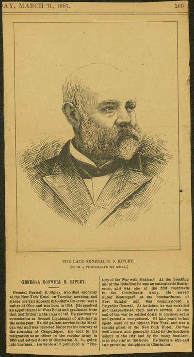 Overlijdensbericht en gravure van generaal R.S. Ripley door Thomas Butler Gunn