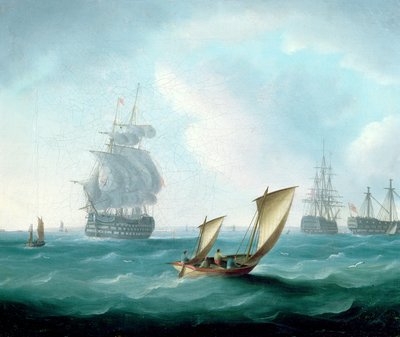 Britse oorlogsschepen en een Hulk in een deining, een zeilboot op de voorgrond door Thomas Buttersworth