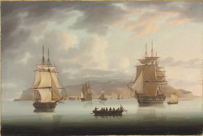 Funchal Roadstead, H.M.S. Blenheim met Greyhound en Harrier op weg naar buiten door Thomas Butterworth
