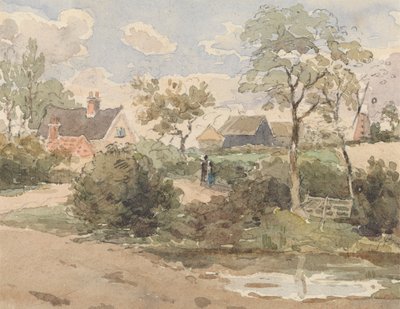 Landelijk Landschap met Huisje, Windmolen, Schuren en Figuren met Vijver op de Voorgrond door Thomas Churchyard