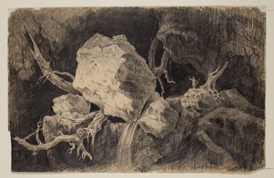 Jager staand in grot bij rots en waterval, circa 1828 door Thomas Cole