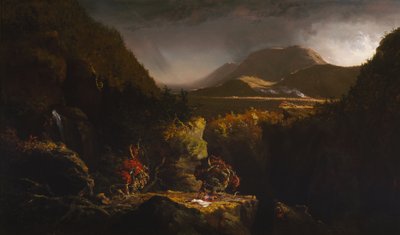 Landschap met figuren: Een scène uit "De laatste der Mohikanen". door Thomas Cole