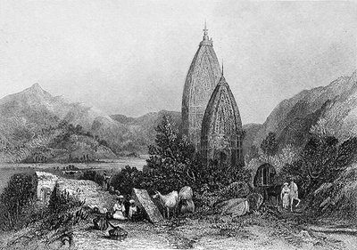 Hindoe tempels van Mahadeo in de Sivalic-bergen, India, gegraveerd door E. Finden, uit 