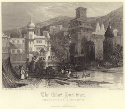 De Ghat in Hurdwar met hindoes die baden in de Ganges door Thomas Colman Dibdin