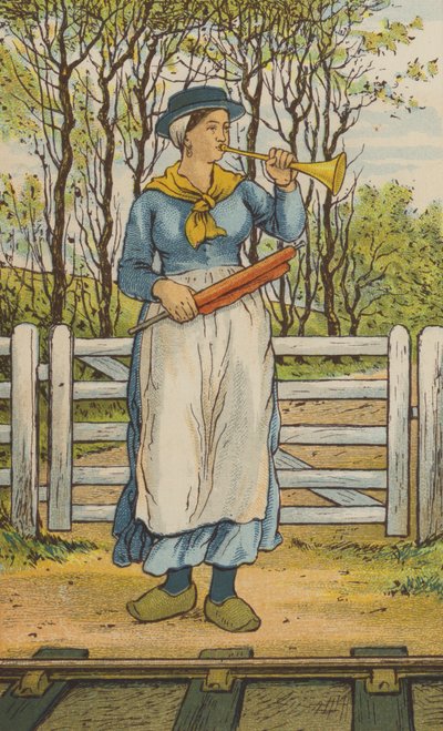 Onderweg van Caen naar Parijs: een spoorwegovergang (kleur litho) door Thomas Crane