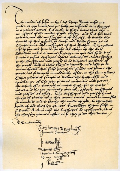 Episcopale verklaring van aartsbisschop Crammer en zeven andere Engelse bisschoppen, c1537 door Thomas Cranmer