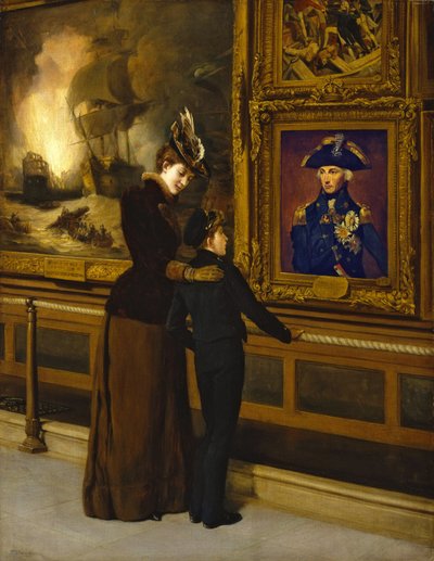 Britse trots en glorie, een Royal Navy cadet die het beroemde portret van Horatio Nelson (1748-1805) door Lemuel Abbott bekijkt door Thomas Davidson