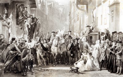 Prins Charles Edward (1720-88) en de Hooglanders betreden Edinburgh na de Slag bij Preston, 21 september 1745 door Thomas Duncan