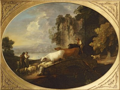 Een Rivierlandschap met Rustieke Geliefden, een Bereden Herder die Vee en Schapen over een Brug Drijft met een Verwoest Kasteel op de Achtergrond door Thomas Gainsborough