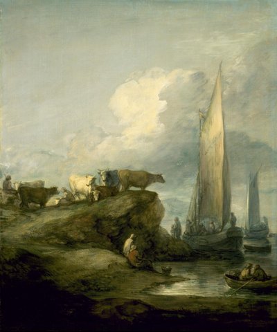 Kustscène met schepen en vee door Thomas Gainsborough