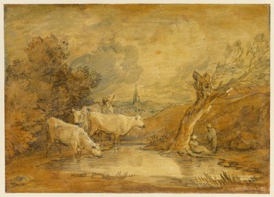 Landschap met figuren, herder en vee bij een poel en een kerk in de verte door Thomas Gainsborough