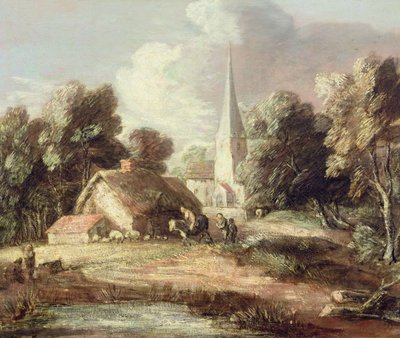 Landschap met een Kerk, Huisje, Dorpsbewoners en Dieren, ca. 1771-2 door Thomas Gainsborough