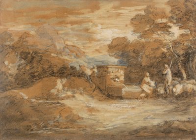 Berglandschap met figuren, schapen en fontein door Thomas Gainsborough