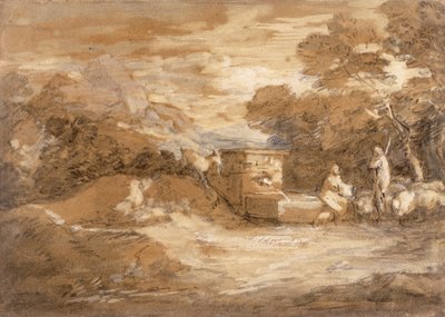 Berglandschap met Figuren, Schapen en Fontein, ca. 1785-88 door Thomas Gainsborough