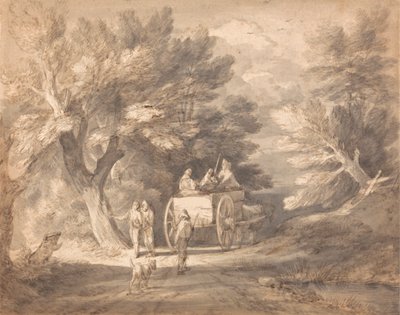 Bosrijk Landschap met Landelijke Kar en Figuren die een Pad Afwandelen door Thomas Gainsborough