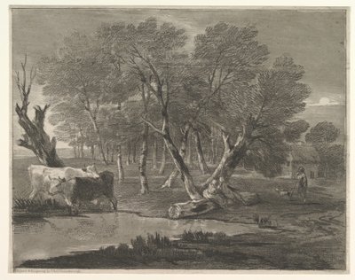 Boslandschap met koeien bij een vijver, figuren en een huisje door Thomas Gainsborough
