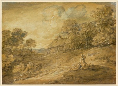 Boslandschap met figuren en een kronkelend pad dat naar een huisje leidt door Thomas Gainsborough
