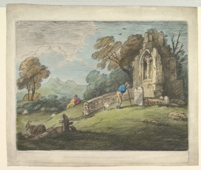 Boslandschap met boer die grafsteen leest, rustieke geliefden en vervallen kerk door Thomas Gainsborough