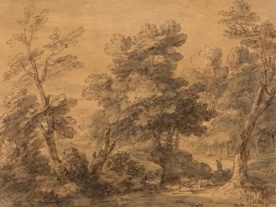 Bosrijk landschap met herder en schapen door Thomas Gainsborough