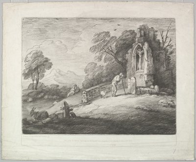 Boslandschap met een boer die een grafsteen leest, rustieke geliefden en een ruïne, 1 augustus 1797 door Thomas Gainsborough