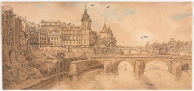 Een selectie van twintig van de meest pittoreske uitzichten in Parijs: Uitzicht op Pont au Change, het Stadstheater, Pont Neuf, Conciergerie-gevangenis, genomen vanaf Pont Notre Dame door Thomas Girtin