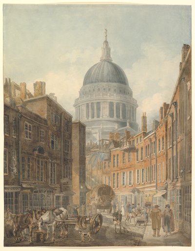 De St. Paul’s Cathedral, gezien vanaf St. Martin’s-le-Grand door Thomas Girtin