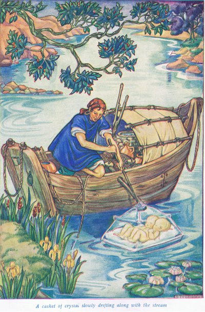 Een kist van kristal drijft langs de stroom (kleurenlitho) door Thomas Heath Robinson