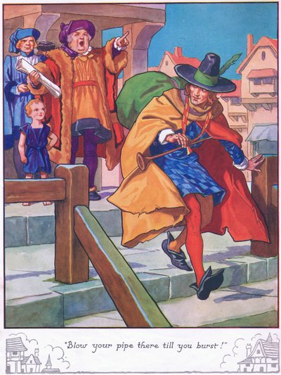 "Blaas je pijp tot je barst!" (kleurenlitho) door Thomas Heath Robinson