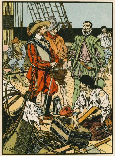 Gevangen schat. Sir Francis Drake (kleurenlitho) door Thomas Heath Robinson