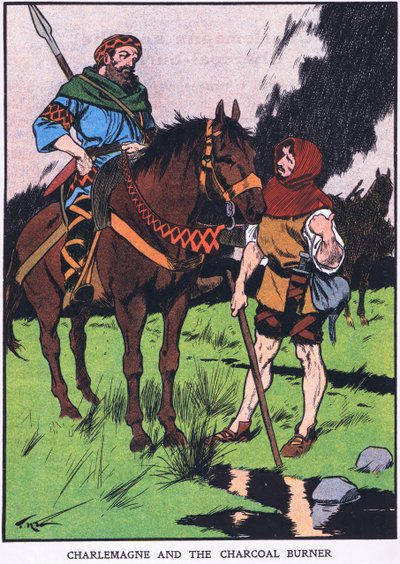 Karel de Grote en de houtskoolbrander (kleurenlitho) door Thomas Heath Robinson