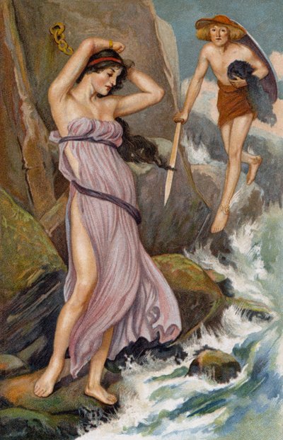 Vol medelijden . . . Perseus kwam dichterbij en keek naar de maagd (chromolitho) door Thomas Heath Robinson