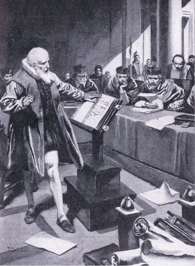 Galileo verschijnt voor de kardinalen in Rome, illustratie uit 