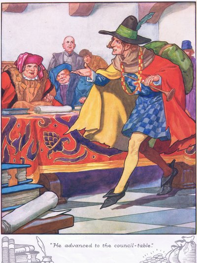 Hij schoof op naar de raadstafel (kleurenlitho) door Thomas Heath Robinson
