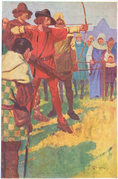 Hij richtte zijn boog voor een kort moment en liet toen de pees los (kleurenlitho) door Thomas Heath Robinson