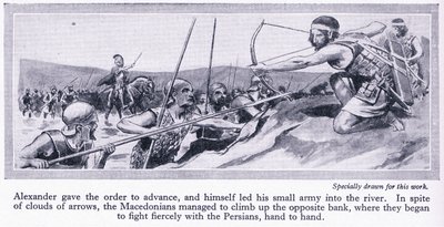 Hoe Alexander zijn rijk veroverde: Darius, koning van Perzië, verzamelde een groot leger dat in 334 v.Chr. door de Macedoniërs werd verslagen, ca. 1950 (litho) door Thomas Heath Robinson