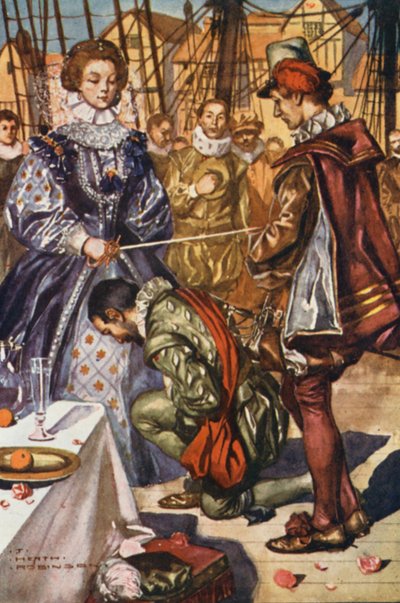 Illustratie voor het leven van Sir Francis Drake (kleurenlitho) door Thomas Heath Robinson