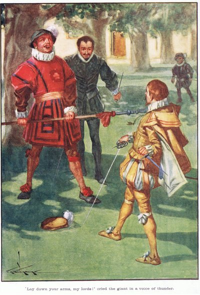 "Leg uw wapens neer, mijne heren!" riep de reus met donderende stem (kleurenlitho) door Thomas Heath Robinson