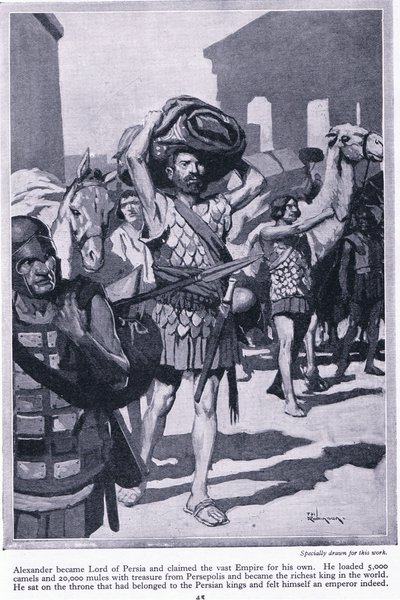 Een stad van schatten plunderen: Alexander werd heer van Perzië. Hij laadde alle schatten uit Persepolis om heel rijk te worden, ca 1950 (litho) door Thomas Heath Robinson