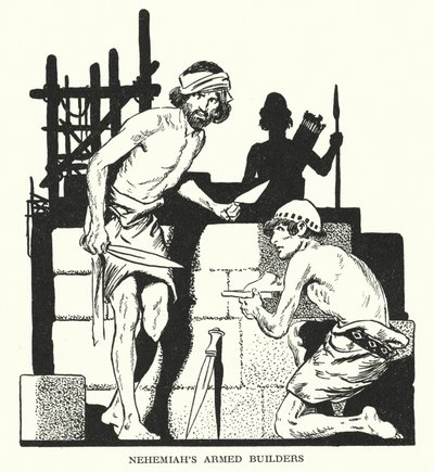 De gewapende bouwers van Nehemia (litho) door Thomas Heath Robinson