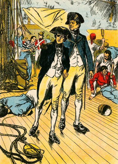Nelson op de "Victory" bij Trafalgar (kleurenlitho) door Thomas Heath Robinson