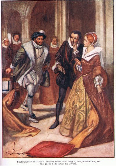 Northumberland liep naar hen toe, en terwijl hij zijn met juwelen versierde kap op de grond wierp, trok hij zijn zwaard (kleurenlitho) door Thomas Heath Robinson