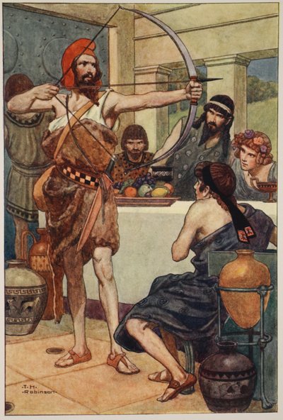 Odysseus straft de vrijers (kleurenlitho) door Thomas Heath Robinson