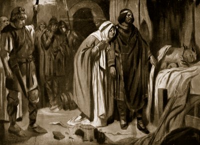 Koningin Ethelburga die Ine van Wessex overhaalt de kroon neer te leggen, 728, illustratie uit 