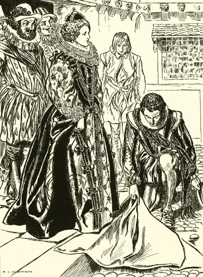 Raleigh spreidt zijn mantel uit voor Elizabeth (gravure) door Thomas Heath Robinson