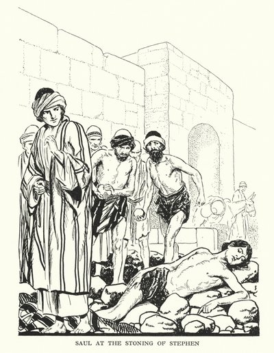 Saul bij de steniging van Stefanus (litho) door Thomas Heath Robinson